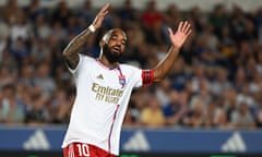 FBL-FRA-LIGUE1-STRASBOURG-LYON<br>Lyon's French forward #10 Alexandre Lacazette reacts during the French L1 football match between RC Strasbourg Alsace and Olympique Lyonnais (OL) at Stade de la Meinau in Strasbourg, eastern France on August 13, 2023. (Photo by PATRICK HERTZOG / AFP) (Photo by PATRICK HERTZOG/AFP via Getty Images)