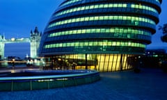 City Hall and Tower Bridge at dusk, London, England.