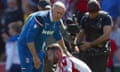 Paul Lambert consoles Erik Pieters after Stoke City’s relegation, a result of the 2-1 home defeat by Crystal Palace