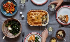 Rabbit and pig's cheek pie with braised turnips, carrots, greens and broccoli