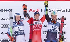 Second-placed Henrik Kristoffersen, left, first-placed Marco Odermatt, center, and third-placed River Radamus pose after Saturday’s World Cup giant slalom at Palisades Tahoe ski resort in Lake Tahoe, California.
