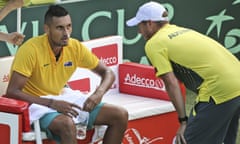 Nick Kyrgios talking to Lleyton Hewitt during Davis Cup