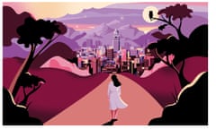 Illustration of a young woman looking at a magical scene of Tehran. Originally for longread 23rd Sept 2021