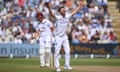 Mark Wood celebrates claiming the wicket of Joshua Da Silva, the start of an incredible spell that brought him five wickets in six overs.