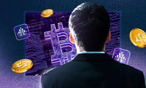 Composite image of the Hyperverse logo and bitcoin logo with a faceless man in a suit looking on