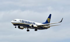 A Ryanair Boeing 737-8AS aircraft lands at El Prat airport in Barcelona