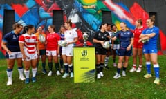 2021 Rugby World Cup Media Opportunity: Captain's Photocall<br>AUCKLAND, NEW ZEALAND - OCTOBER 02: L to R, Rachel Malcolm of Scotland, Saki Minami of Japan, Shannon Perry of Australia, Siwan Lillicrap of Wales, Gaelle Hermet of France, Sarah Hunter of England, Kennedy Simon of New Zealand, Sereime Leweniqila of Fiji, Nolusindiso Booi of South Africa, Kate Zackary of USA, Sophie de Goede of Canada and Elisa Giordano of Italy pose during the 2021 Rugby World Cup Captain's Photocall at Eden Park on October 02, 2022 in Auckland, New Zealand. (Photo by Hagen Hopkins - World Rugby/World Rugby via Getty Images)