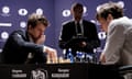 Fast moves ... Magnus Carlsen and Sergey Karjakin contest the second ‘rapid’ match during the finals. Photograph: Justin Lane/EPA