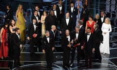  Jordan Horowitz (front, centre) announces the actual best picture winner – Moonlight. 