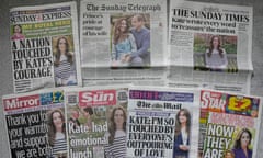 A montage of front pages of some of Britain's newspapers on 24 March 2024 following Kate Middleton's cancer announcement