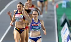 Laura Muir crosses the line to win gold in the 1500m at the European Indoor Championships.