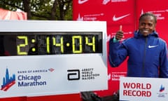 Brigid Kosgei celebrates winning the women’s marathon next to her new world record time REUTERS/Mike Segar