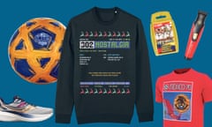 Left to right: Saucony Triumph 20 trainer, Smart Ball Skills Ball, Ceefax-themed wooly jumper, Women’s European Football Champions edition of Top Trumps, Remington’s Manchester United graphite grooming kit, Panini Mexico 1970 World Cup T-shirt