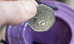 Pound coin being dropped into a charity collection tin.