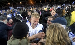 Paulus Arajuuri celebrates after Finland’s win over Liechtenstein secured a first-ever berth at a major tournament finals.