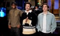 BESTPIX: Saturday Night Live - Season 49<br>SATURDAY NIGHT LIVE -- Episode 1859 -- Pictured: (l-r) Musical guest Travis Scott, host Ramy Youssef, and Marcello Hernández during Promos in Studio 8H on Thursday, March 28, 2024 -- (Photo by: Rosalind O'Connor/NBC via Getty Images)