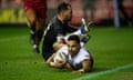 Wigan’s Bevan French dives over for a try v Toronto.