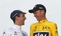 Chris Froome, right, sizes up Simon Yates on the podium after the Tour de France ended in Paris.