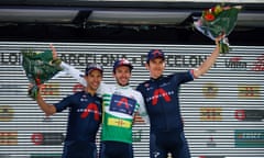 Adam Yates (centre) with Richie Porte and Geraint Thomas.