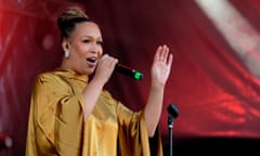 Rebecca Ferguson singing on stage in July 2022