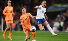 England’s Beth Mead hurdles a challenge against the Netherlands.