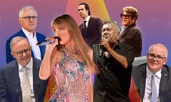 Left to right: Anthony Albanese, Malcolm Turnbull, Taylor Swift, Nick Cave, Jimmy Barnes, Elton John and Scott Morrison