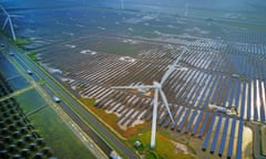 Large-scale power generation from wind turbines and solar panels at Yancheng, in China