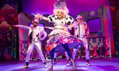 Nathan Kiley as Milky Linda (front) in Jack and the Beanstalk at Theatre Royal Stratford East.