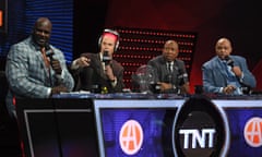 Latest Consumer Technology Products On Display At CES 2017<br>LAS VEGAS, NV - JANUARY 05: TNT's Inside the NBA team (L-R) NBA analyst Shaquille O'Neal, host Ernie Johnson Jr., wearing an iGrow laser-based hair-growth helmet, and NBA analysts Kenny Smith and Charles Barkley talk during a live telecast of "NBA on TNT" at CES 2017 at the Sands Expo and Convention Center on January 5, 2017 in Las Vegas, Nevada. CES, the world's largest annual consumer technology trade show, runs through January 8 and features 3,800 exhibitors showing off their latest products and services to more than 165,000 attendees. (Photo by Ethan Miller/Getty Images)