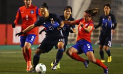 Yuki Nagasato plays for Japan against South Korea in an Olympic qualifier in 2016.
