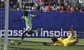 Nigeria’s Asisat Oshoala takes the ball around South Korea’s goalkeeper Kim Min-jung on her way to scoring her side’s second goal