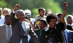 Nelson Mandela with his wife Winnie on the day he is released from prison, 11 February 1990.