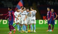 The Girona players celebrate against Barcelona