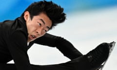 Nathan Chen competes in the men's single skating short program at the Winter Olympics.