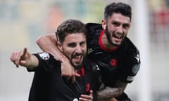 Zuriko Davitashvili celebrates scoring Georgia’s late winner against Cyprus.