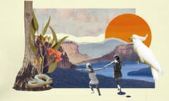 A composite picture of children playing, the Blue Mountains in the background and a snake curled up beside a tree.