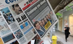 Newspapers hanging outside a kioks in Thessaloniki, northern Greece. 