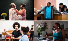 Clockwise from top left: Leave Taking by Winsome Pinnock, Lucian Msamati rehearsing Master Harold and the Boys, Funeral Flowers by Emma Dennis-Edwards, and director Justin Audibert.