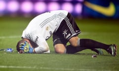 Lyon's goalkeeper Anthony Lopes reacts after a firecracker exploded beside him during the French L1  match against Metz in December 2016.