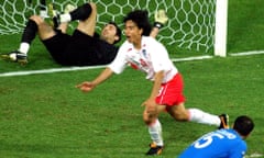 South Korea’s Ahn Jung Hwan, centre, reacts after his winning goal against Italy puts them into the quarter-finals of the 2002 World Cup .