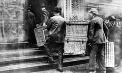 This 1923 picture taken in Berlin shows laundry baskets being used to collect the increasingly bulky pay packets of workers.