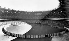 The view from behind the center field fence as more than 57,000 fans jammed into Olympic Stadium for the Montreal Expos home opener against Philadelphia Phillies in Montreal, April 16, 1977. The stadium will also be used by the Montreal Alouettes of the Canadian Football League. The Expos lost the opener 7-2. (AP Photo/DMB)