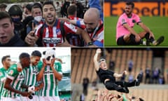 Atletico Madrid’s Luis Suárez celebrates with fans after clinching the title; Barcelona’s midfielder Miralem Pjanic; Real Sociedad head coach Imanol Alguacil Borja Iglesias of Real Betis celebrates scoring against Huesca.