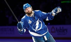 Nikita Kucherov celebrates after defeating the Montreal Canadiens in Game 1 of the Stanley Cup final.