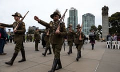 Australian Defence Force (ADF) members are seen during a memorial honouring the military service of First Peoples past and present at the Shrine of Remembrance, in Melbourne, Wednesday, May 31, 2023.  (AAP Image/Diego Fedele) NO ARCHIVING