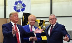 Donald Trump, when he was US president, billionaire Anthony Pratt and then Australian PM Scott Morrison at the opening of Pratt Paper Plant in Ohio in 2019