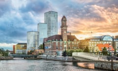 Beautiful cityscape with sunset over canal and skyline in Malmo