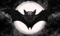Illustration by David Foldvari of a bat with red eyes flying in front of the moon.