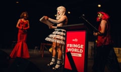 Three artists protest at Fringe World’s launch event in Perth in January 2019, taking the stage in faux-medieval costume to read a statement on behalf of Fringe artists. Artists have been staging protests around Fringe World, calling for the organisation to end its eight-year sponsorship arrangement with oil and gas giant Woodside in light of the intensifying climate crisis.