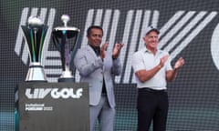  Majed Al Sorour, CEO of Saudi Golf Federation, and Greg Norman, CEO and commissioner of LIV Golf, clap during the trophy ceremony during day three of the LIV Golf Invitational - Portland at Pumpkin Ridge Golf Club on July 02, 2022 in North Plains, Oregon.